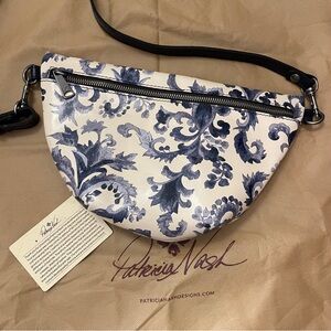 Patricia Nash Renaissance Revival Tinchi Blue Floral Leather Belt Crossbody Bag